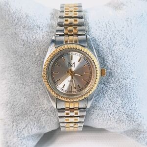 MC Gold Silver Band Stretch Metal Band Ladies Quartz Watch, New Battery